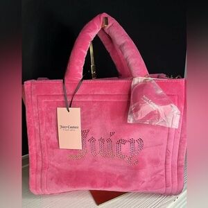Juicy Couture Big Spender Pink Velour Tote Rhinestone Logo Shoulder Bag NWT